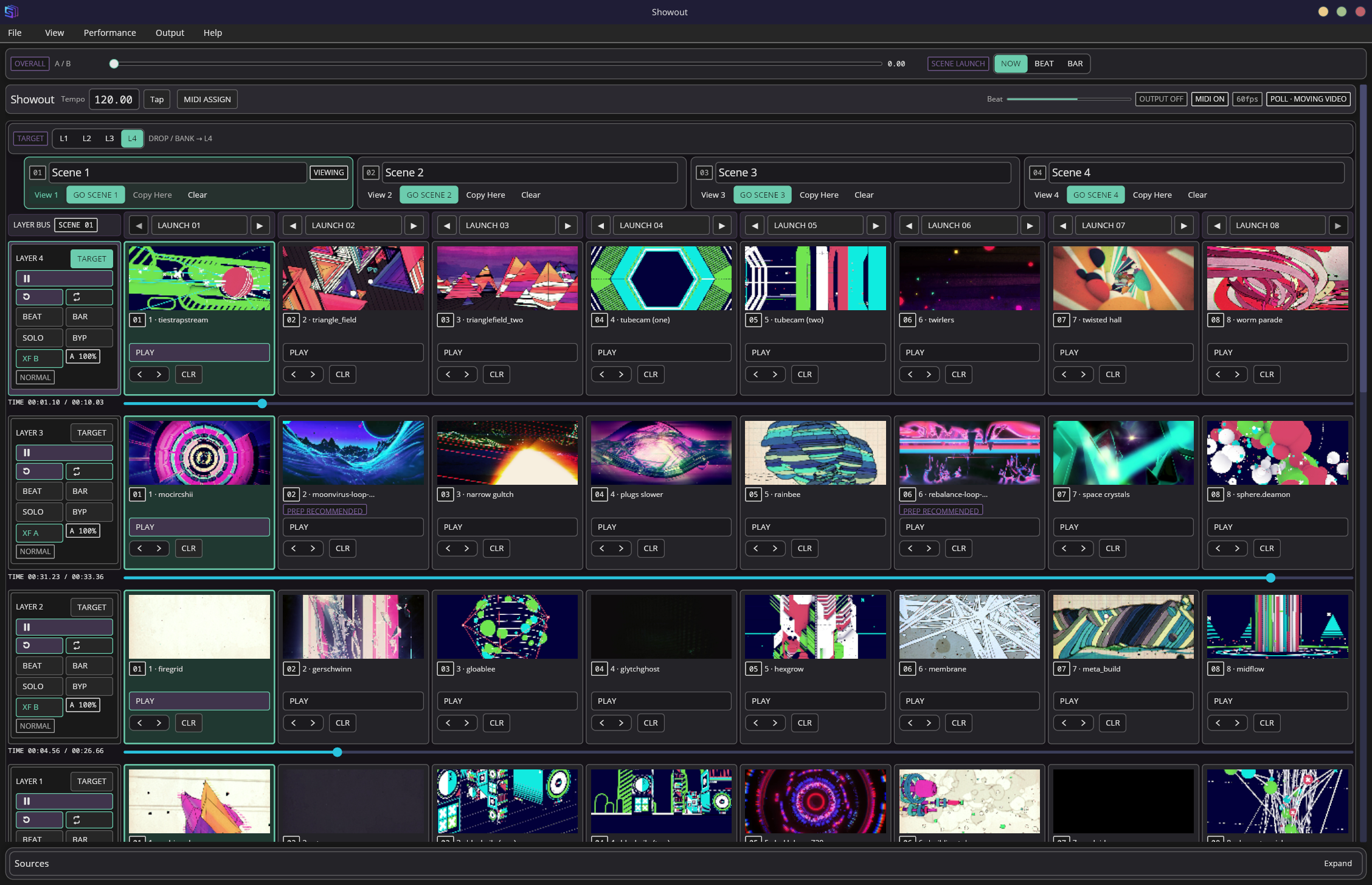 Showout operator window displaying four layers of colorful visual clips